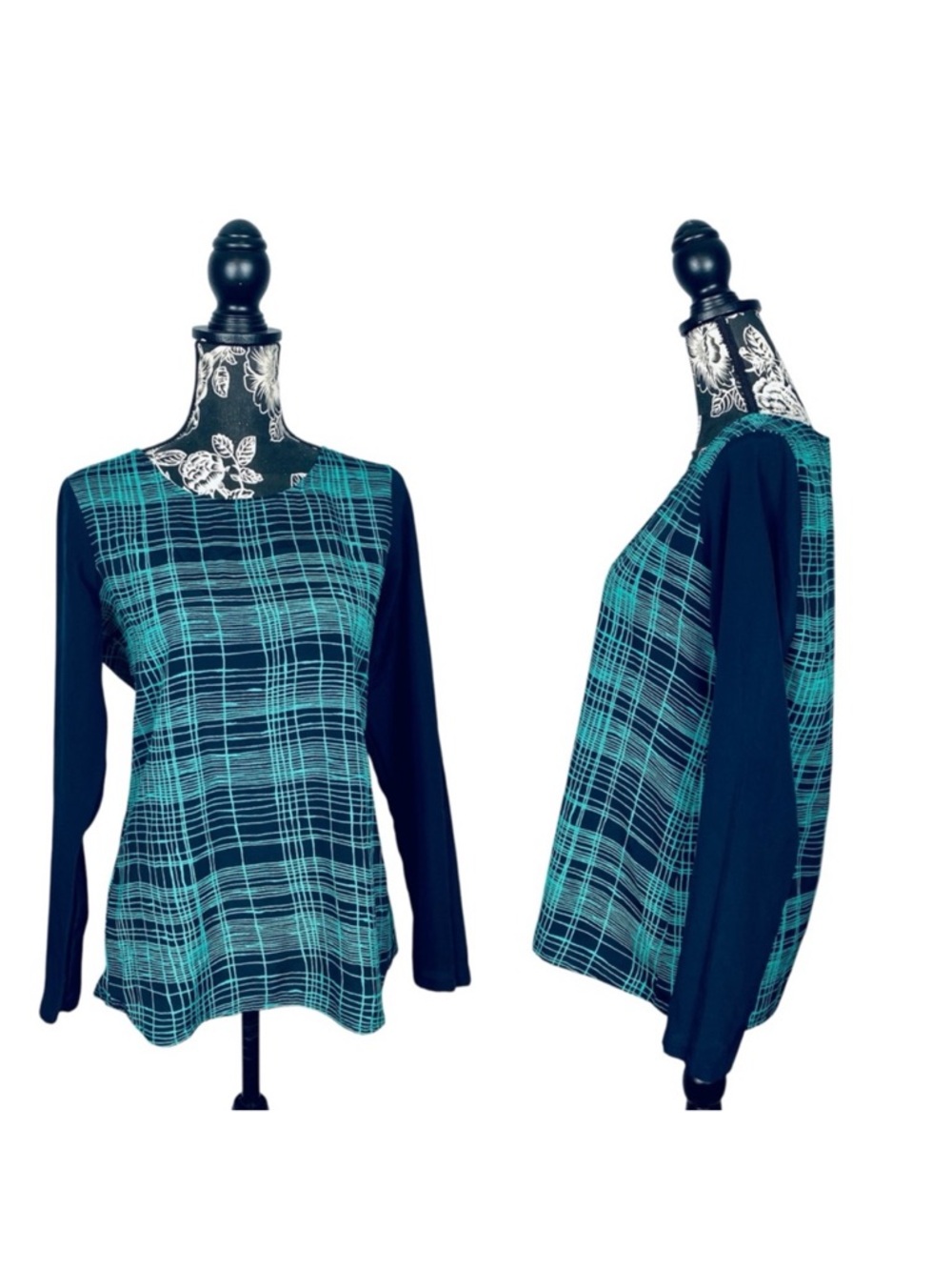 LOFT green/navy blue long sleeve plaid pattern chiffon top size small